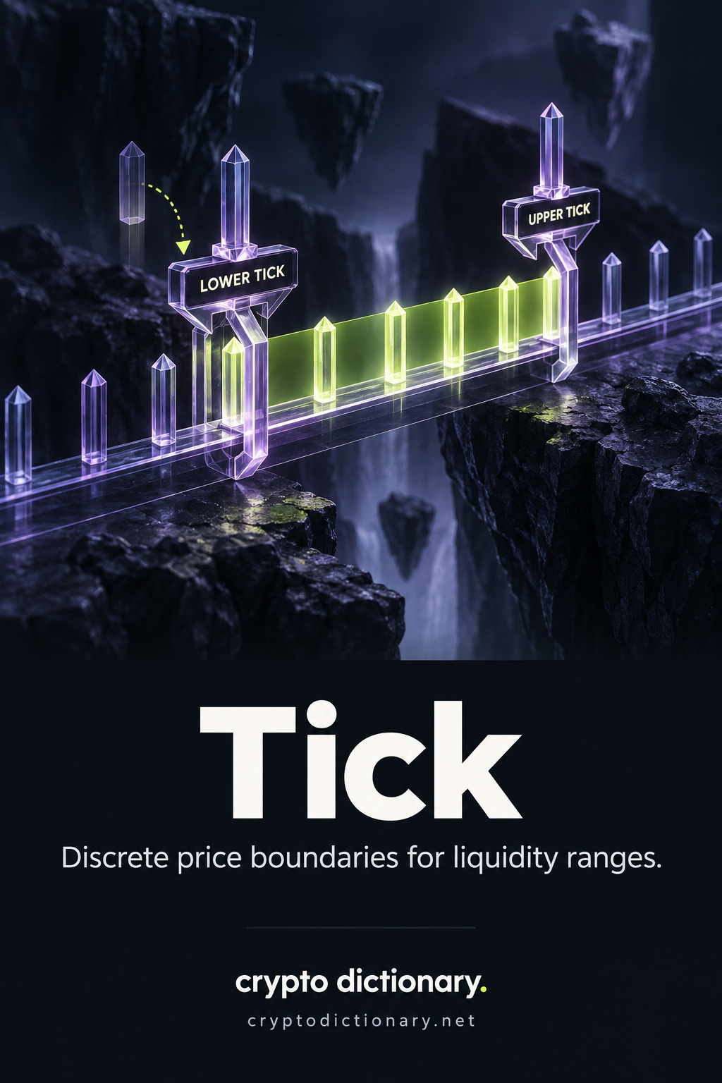 Lilac glass price rail with lower and upper tick gates enclosing a lime liquidity range between discrete posts.