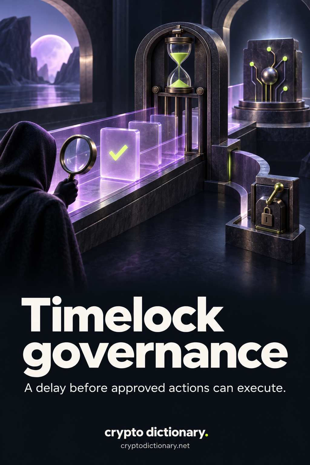 An approved action waits in a transparent queue before an hourglass-controlled gate while an observer inspects it and a separate administrative path remains conditional.