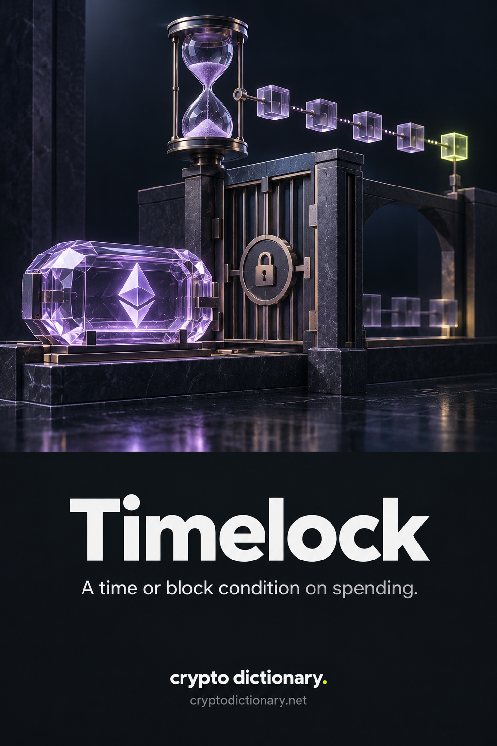 Timelock: a value capsule waits at a spending gate controlled by an hourglass and block threshold marker.