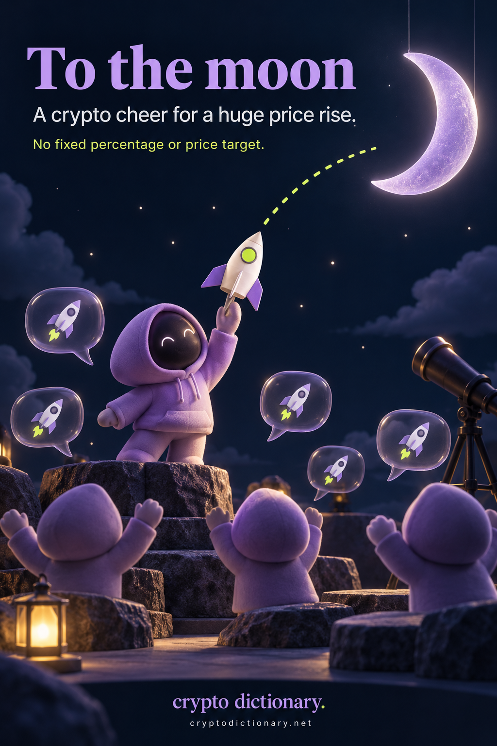 To the moon: a lilac crypto-chat crowd cheers as a toy paper rocket points toward a theatrical moon along an unfinished dotted path.