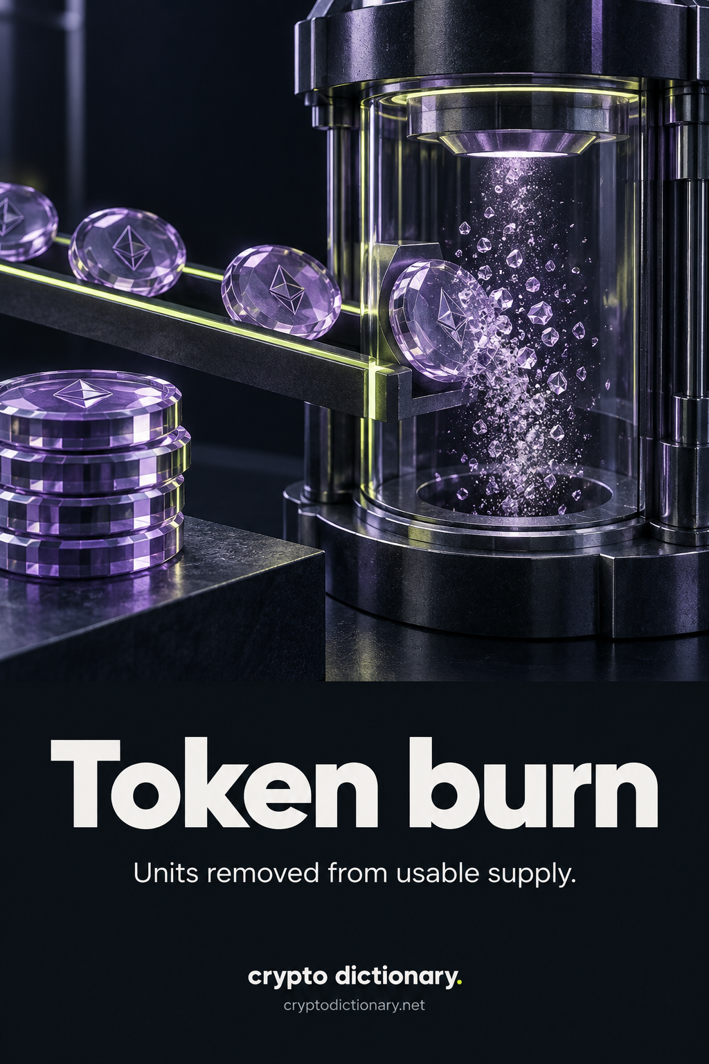 Token burn: glass token units enter a removal chamber and disperse into particles, while unremoved units remain intact outside.