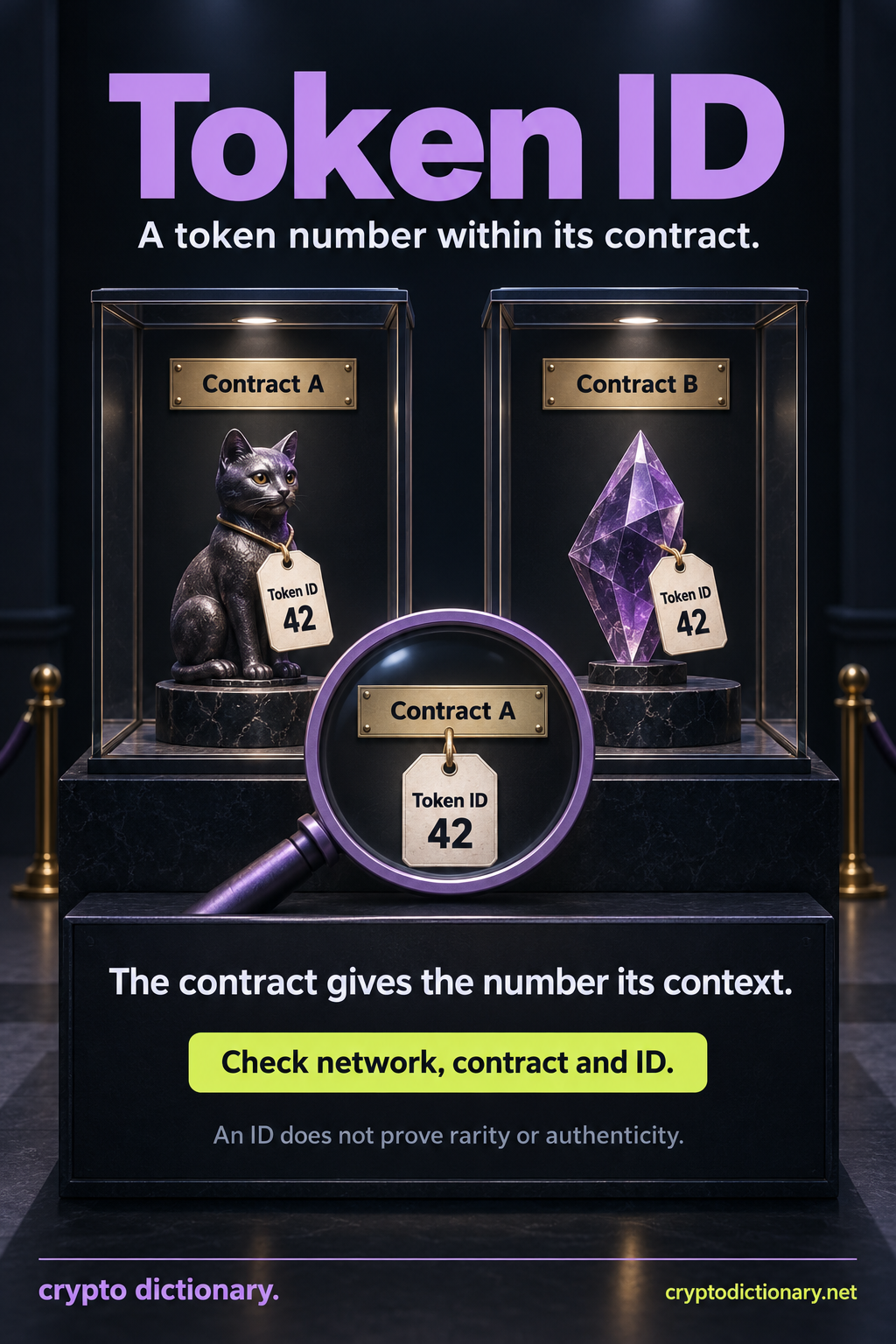 Token ID: two different specimens each numbered42 sit within separate Contract A and Contract B cases.