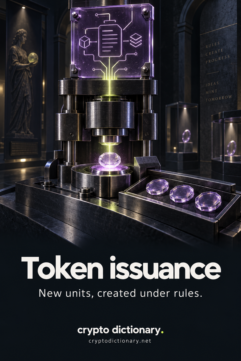 Token issuance: a rule circuit controls a sculptural minting press creating a new faceted token, with three completed units in an output tray.