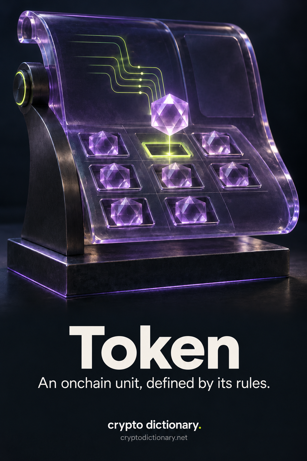 Token: a faceted recorded unit rises above a slot in a glass onchain ledger linked to abstract rule circuits.