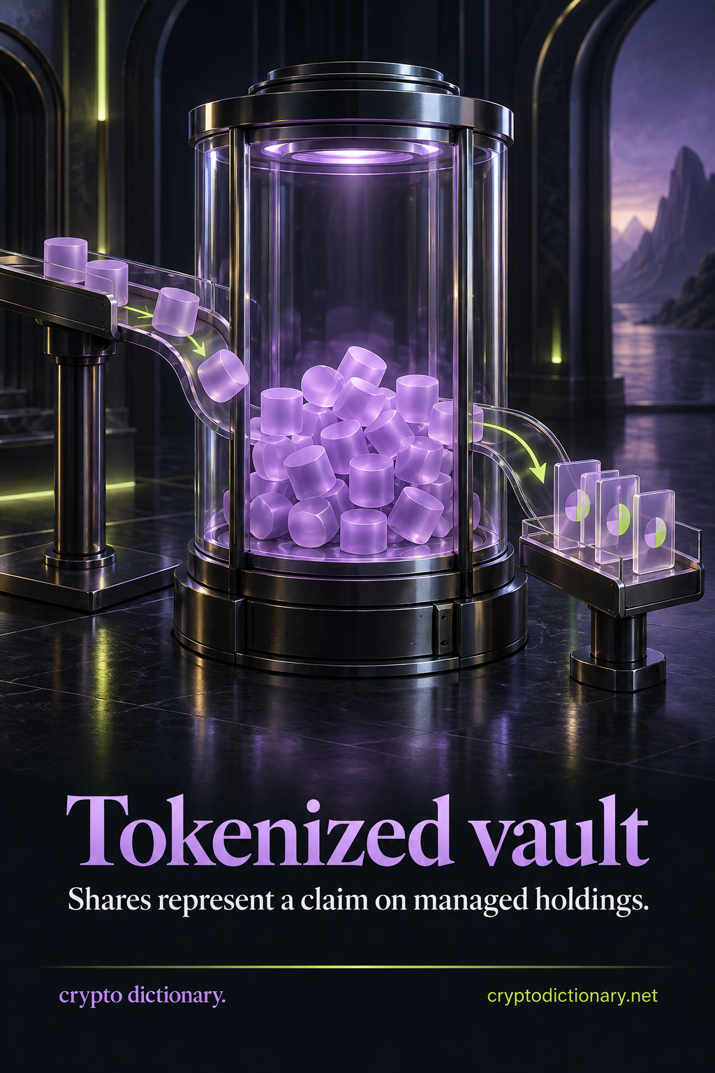 Lilac asset cylinders enter a transparent pooled vault chamber; a separate tray receives distinct share certificates representing claims on the managed holdings.