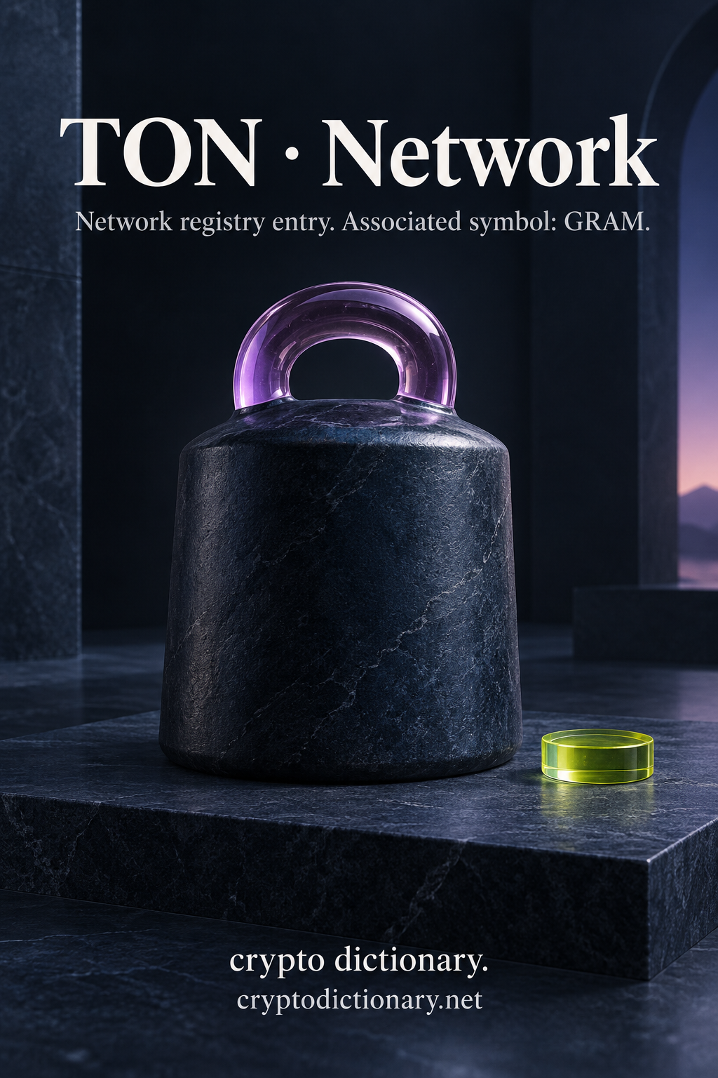 Substantial navy stone weight sculpture with lilac glass handle for TON network registry entry with source-associated GRAM.