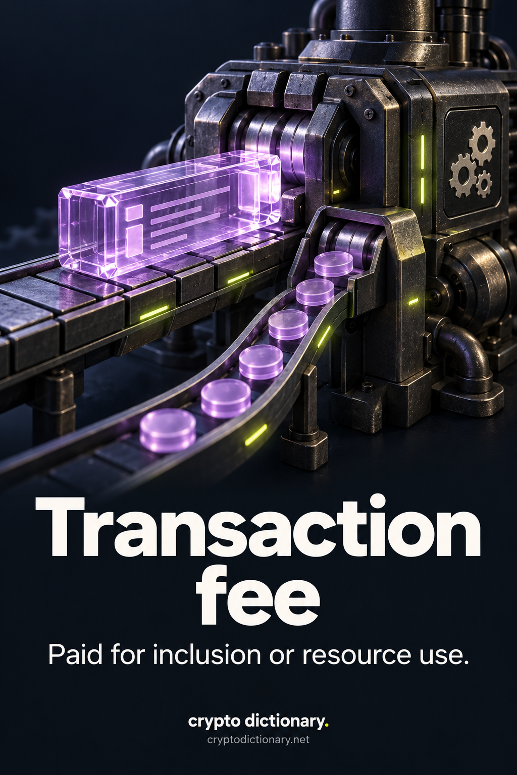 Transaction fee: a main transaction packet and a separate stream of fee discs enter a resource-processing engine.