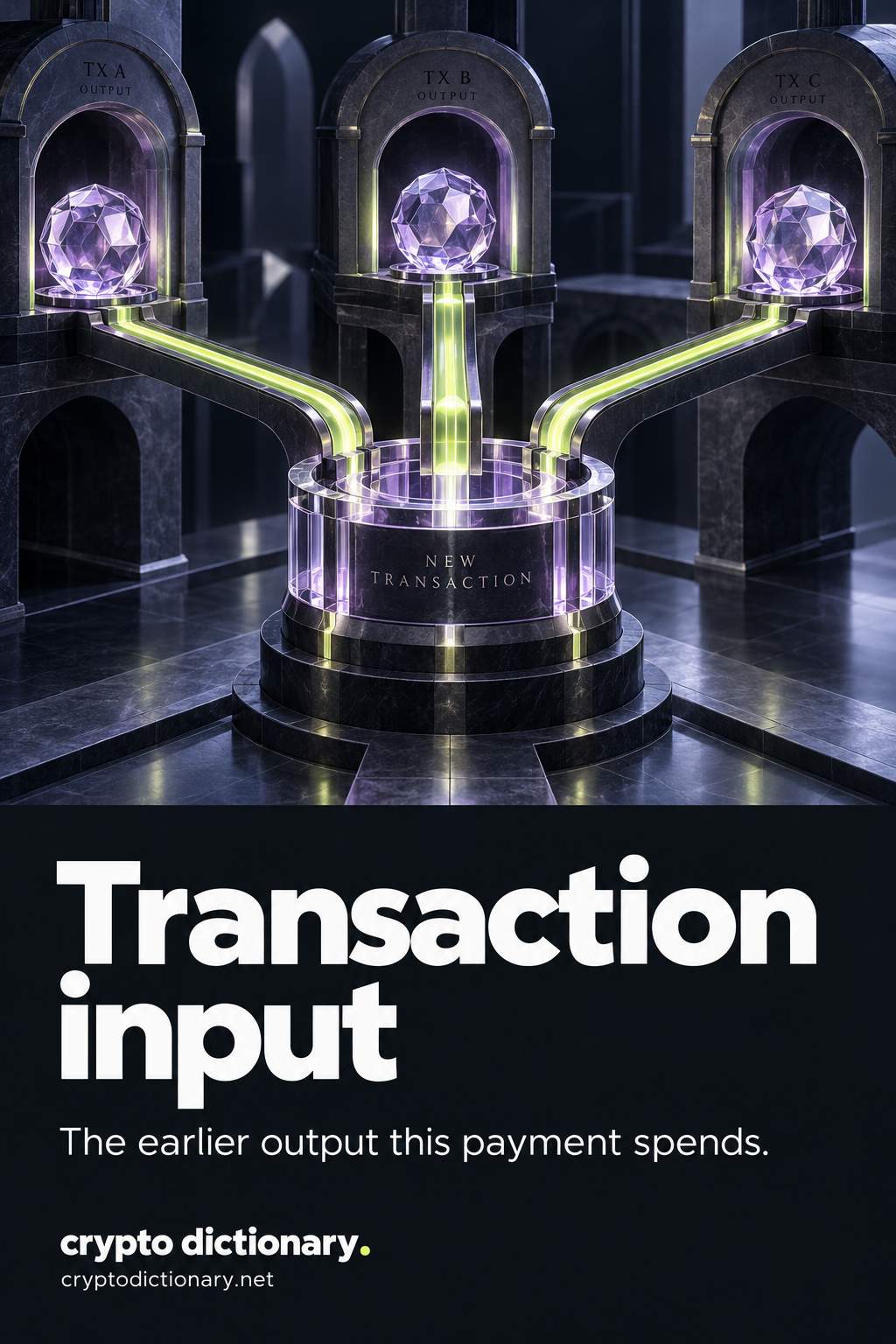 Transaction input: three previous transaction outputs feed their value along lime rails toward a new transaction assembly.