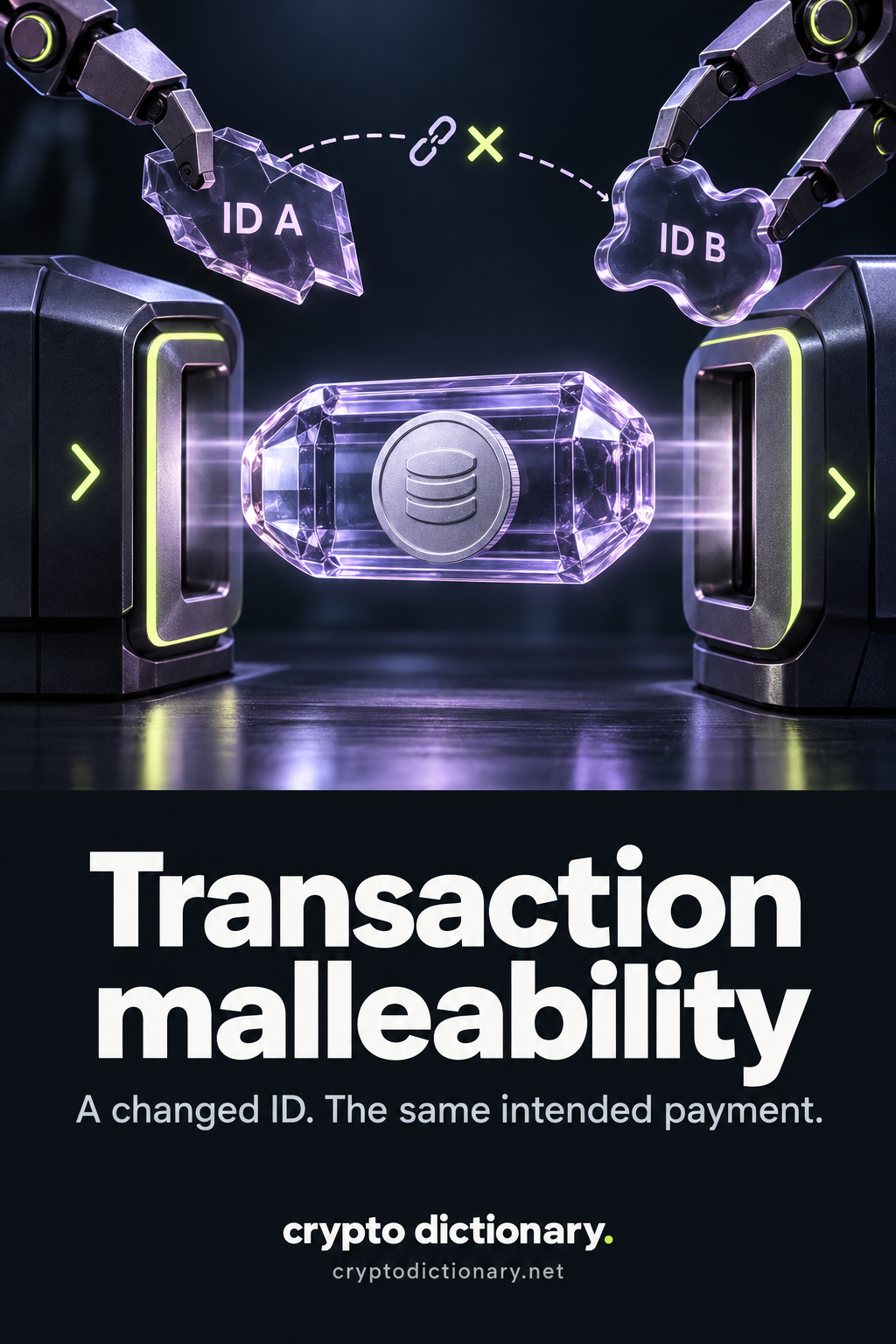 An intact payment capsule passes between terminals while its ID changes from A to B and a dependent reference breaks.