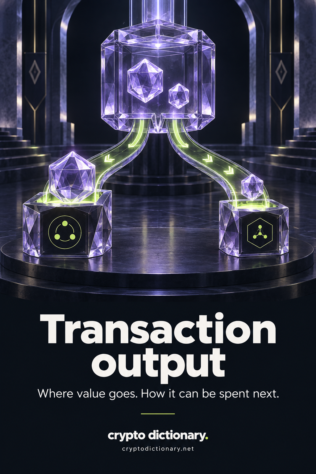Transaction output: outward lime rails lead from one transaction chamber to two separate value capsules and abstract spending-condition receivers.