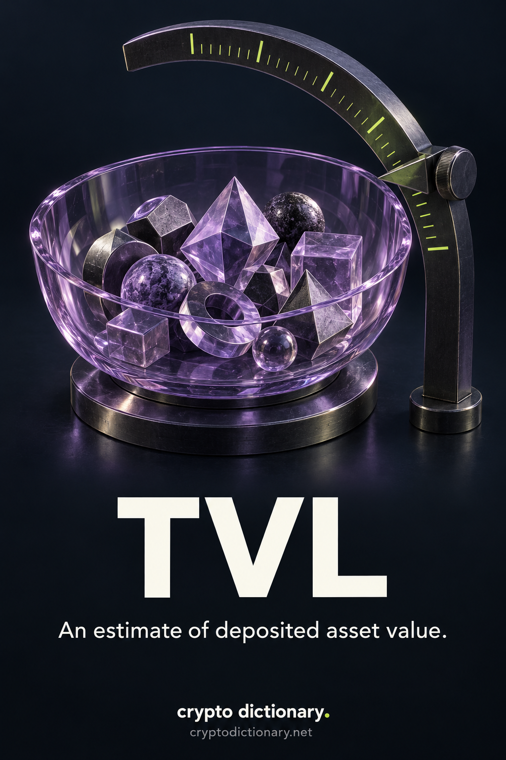 TVL: a measuring arch estimates the value of varied abstract assets deposited in a translucent collection basin.