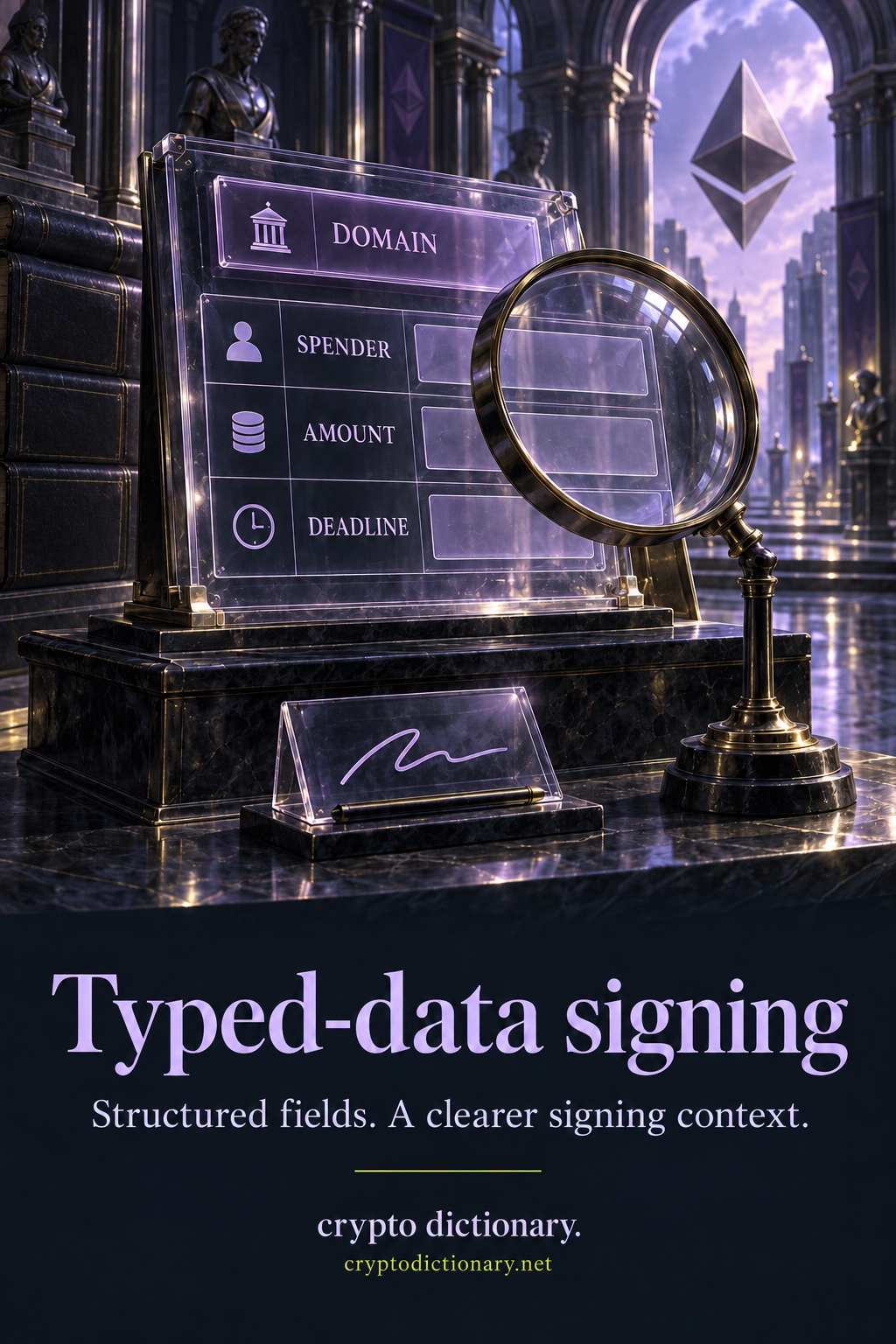 Transparent DOMAIN, SPENDER, AMOUNT and DEADLINE fields examined through a magnifying glass, with a separate abstract signature card.