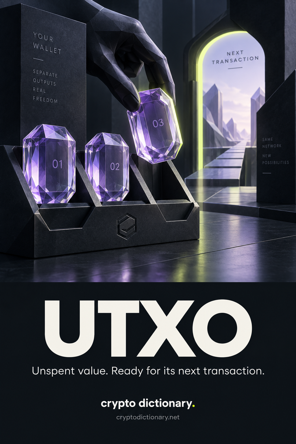 UTXO: separate lilac glass value capsules sit in a wallet rack, with one lifted toward the next transaction.