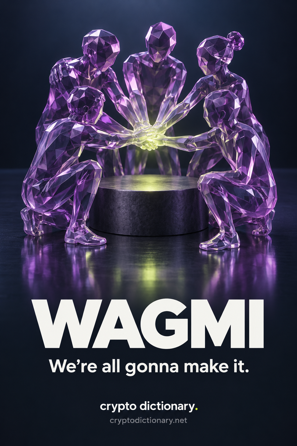WAGMI: faceted lilac glass figures gather around a pedestal with hands together in a lime-lit team cheer. Text: We're all gonna make it.