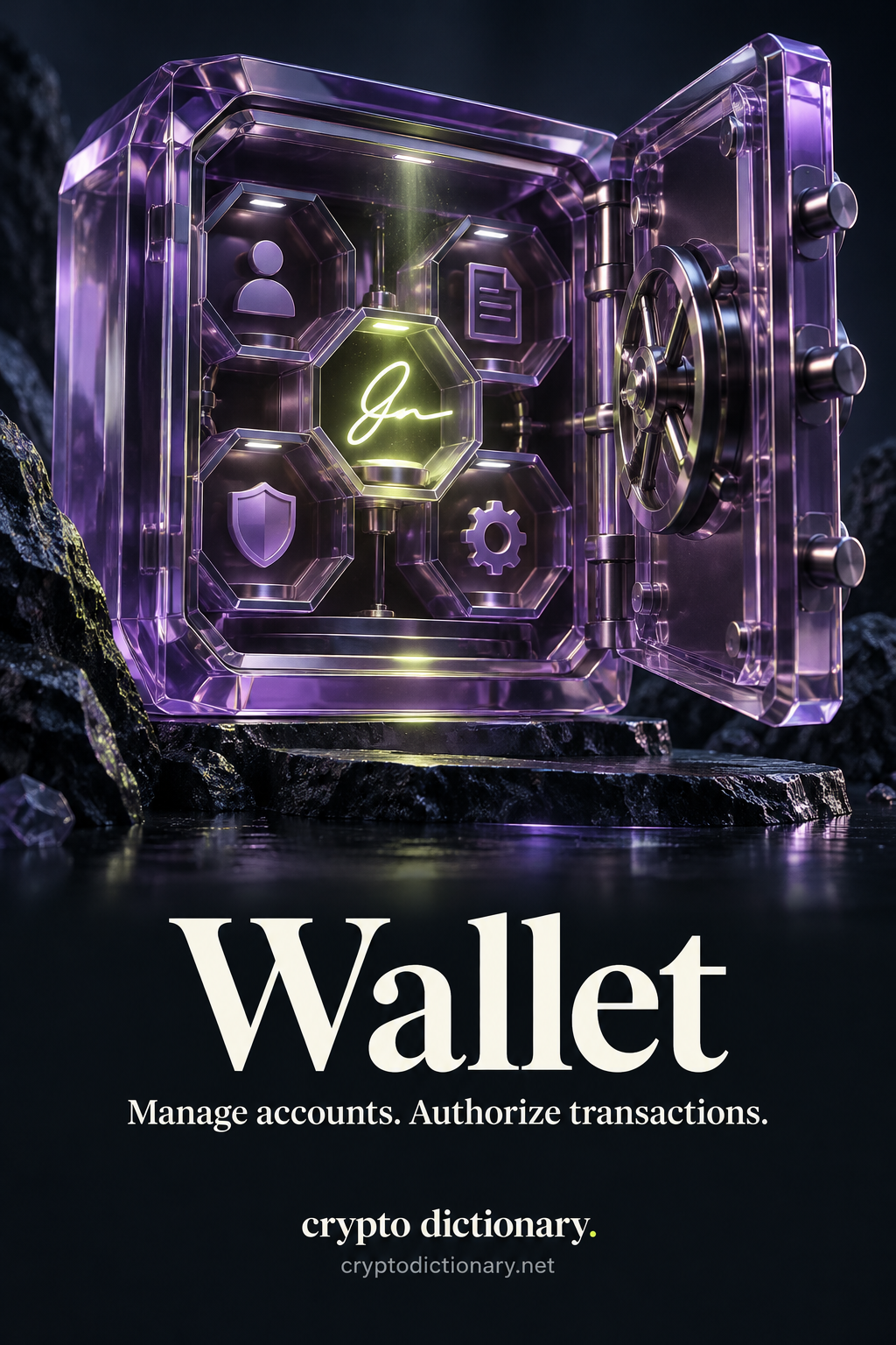 Wallet — Manage accounts. Authorize transactions. Original purple glass and lime illustration for Crypto Dictionary.