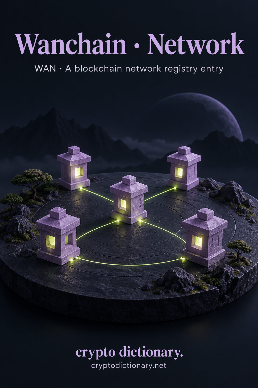 Five lilac lantern-shaped blocks joined by lime paths depict a network registry entry.