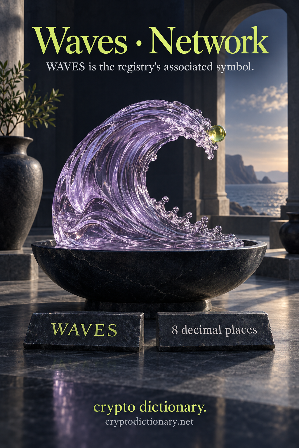 Original lilac glass sea-wave sculpture in a navy stone basin, identifying Waves network with associated WAVES symbol and eight-decimal precision.