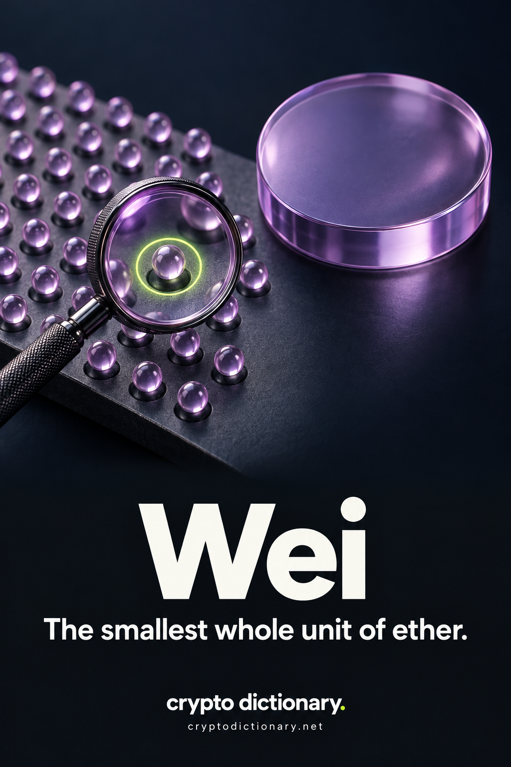 Wei: a precision magnifier highlights one tiny whole-unit bead beside a larger plain ether-unit disc.