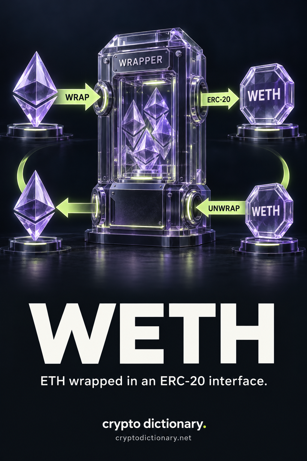 Native ETH crystals enter a WRAPPER vault that retains ETH backing and emits distinct WETH tokens through ERC-20; UNWRAP returns WETH and releases ETH.