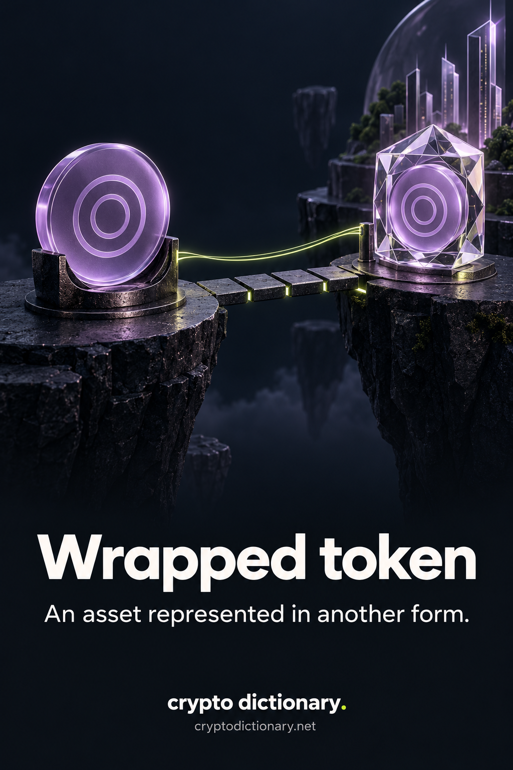 Wrapped token: an original lilac disc links across a segmented bridge to a different representation in a faceted wrapping sleeve.