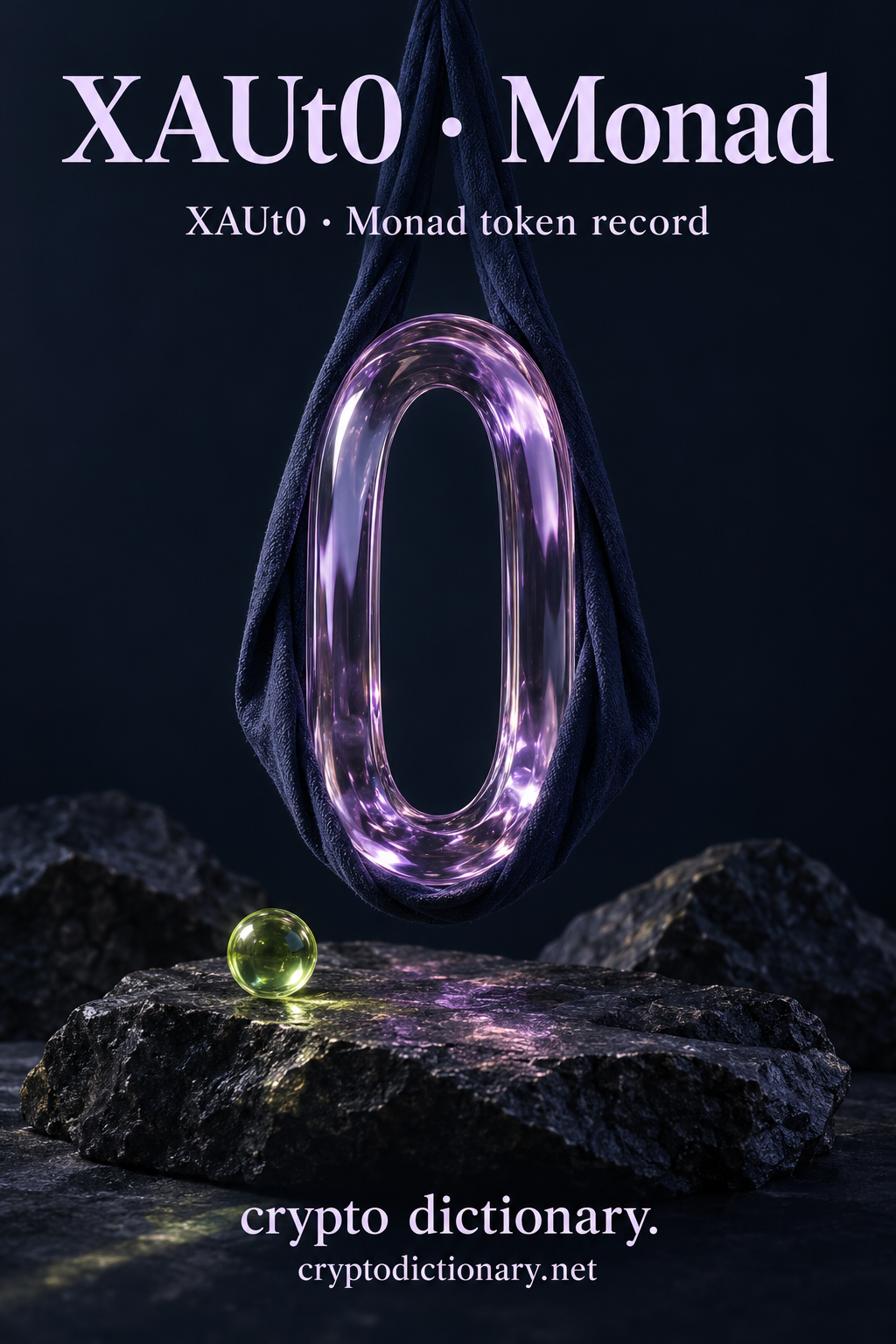 Actual original pixels inspected: exact XAUt0 · Monad large heading and XAUt0 · Monad token record caption preserve uppercase XAU, lowercase t and final numeral zero; full brand/domain inset and readable. Tall hollow oval lilac glass form suspended in navy cloth sling above stone/lime bead is abstract final-zero name mnemonic only, no gold bars/metal/reserves, coin emblem, financial peg/backing, function or authenticity promise. All props plain; technical identifier/precision manifest only.