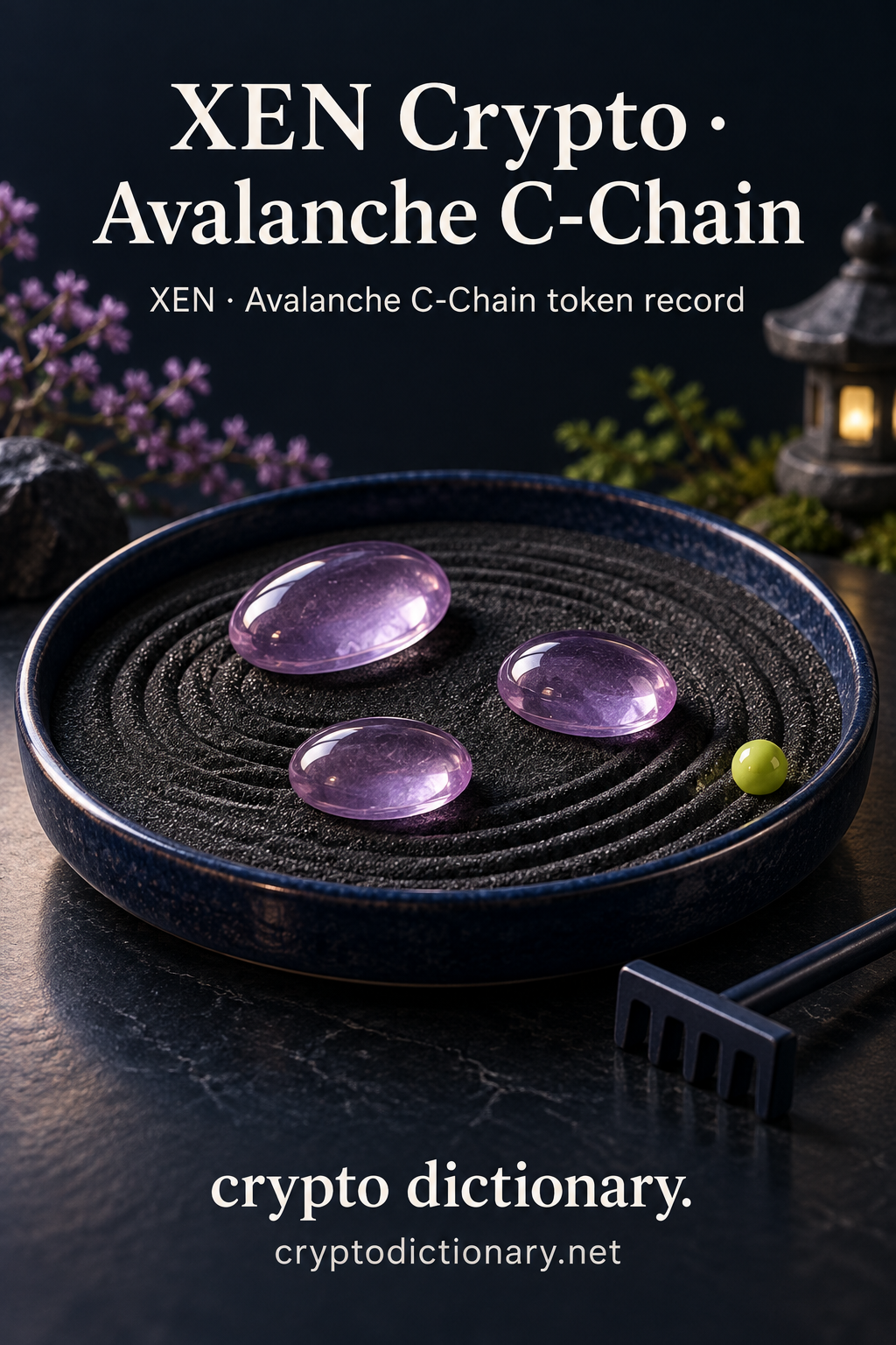 A shallow navy garden tray with raked dark sand and three lilac glass stones beside a lime bead; XEN Crypto · Avalanche C-Chain token registry artwork.