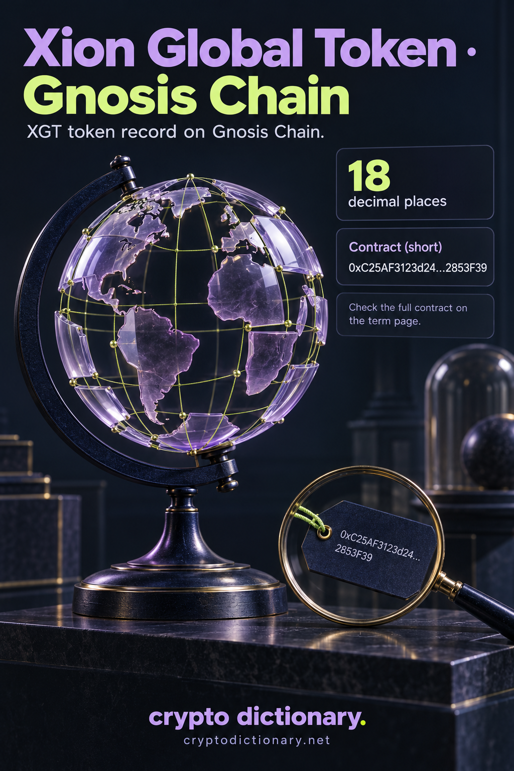 Xion Global Token registry illustration: a lilac glass globe, lime catalogue threads and a magnified public contract label identify the XGT token record on Gnosis Chain.