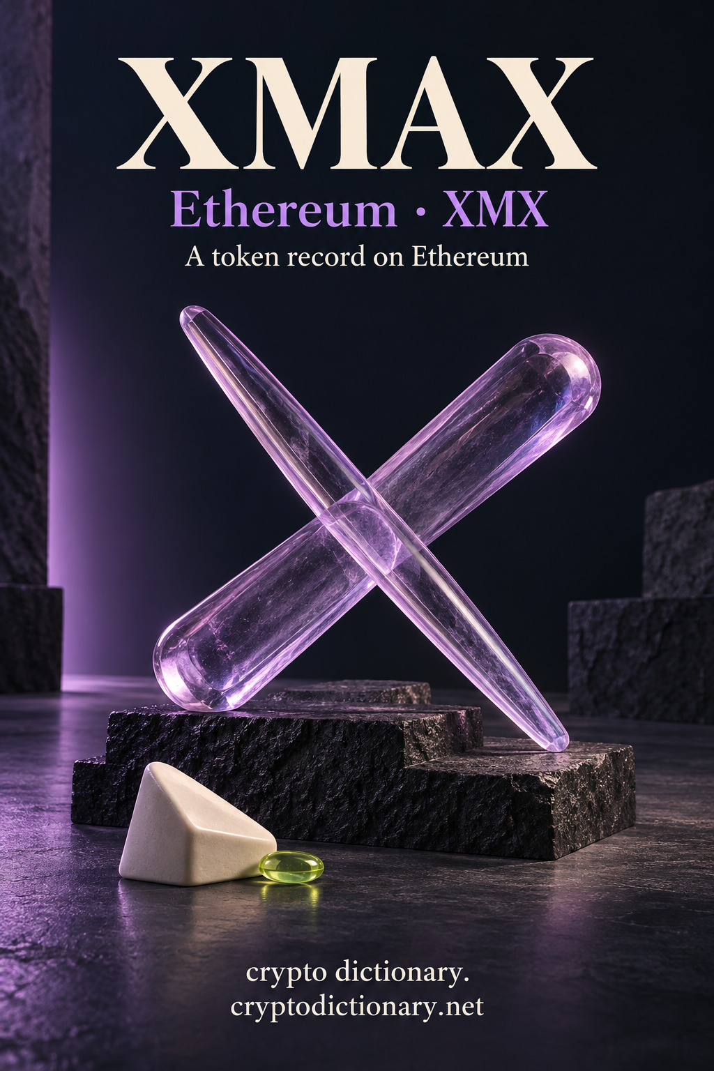 Two crossed lilac glass beams stand over stepped basalt beside an ivory wedge and lime pebble, labeled XMAX and Ethereum · XMX.