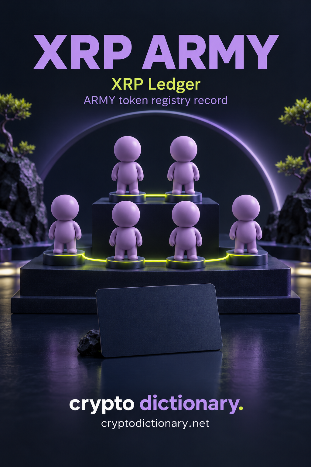 XRP ARMY on XRP Ledger: six rounded lilac toy sentinels without weapons or insignia on navy registry platforms.
