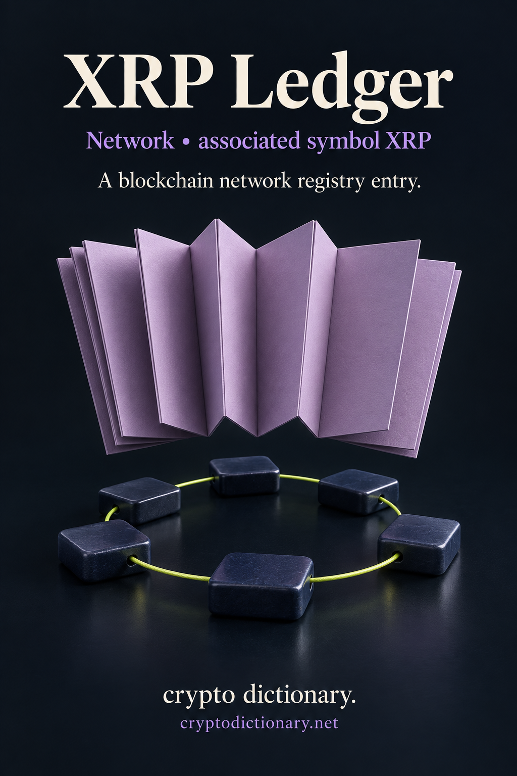 XRP Ledger network registry illustration with a lilac blank accordion ledger connected by a lime thread across navy ceramic tiles.