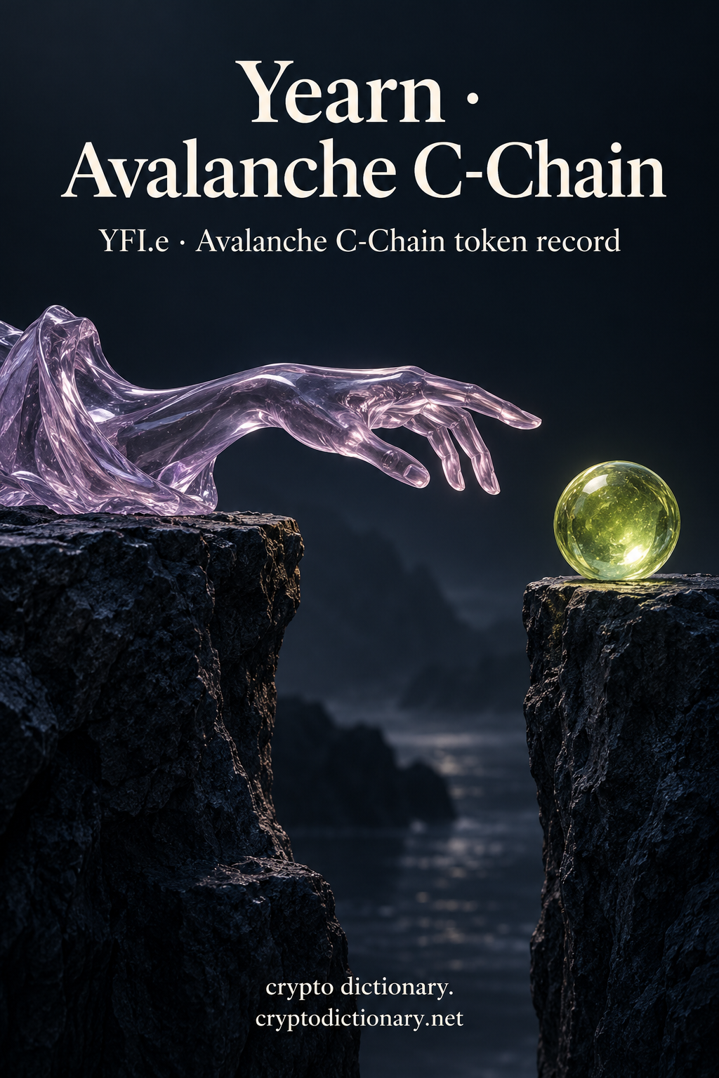 Yearn · Avalanche C-Chain — original lilac glass name-inspired sculpture with accurate YFI.e token record caption.