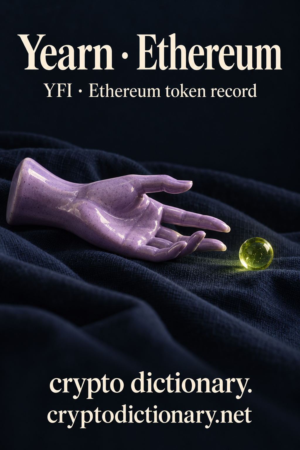Lilac ceramic open hand reaching toward a lime glass bead for Yearn on Ethereum with YFI registry caption.