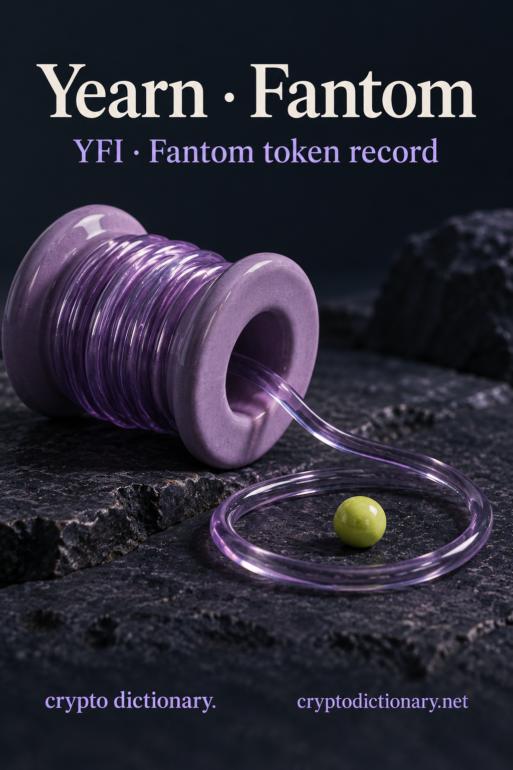 A lilac ceramic spool of translucent glass yarn curls into a loose loop around a lime bead on navy stone, below Yearn · Fantom and YFI caption.