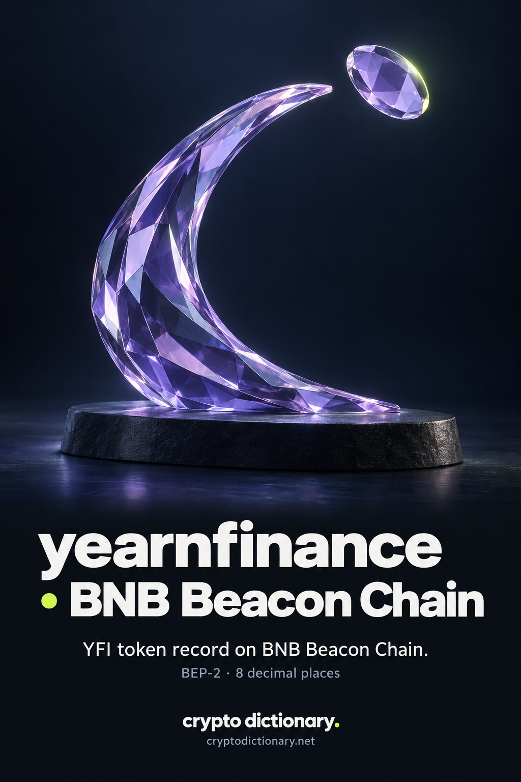 A sweeping lilac glass arc reaches toward a small hovering plain specimen, above yearnfinance · BNB Beacon Chain and the YFI registry caption.