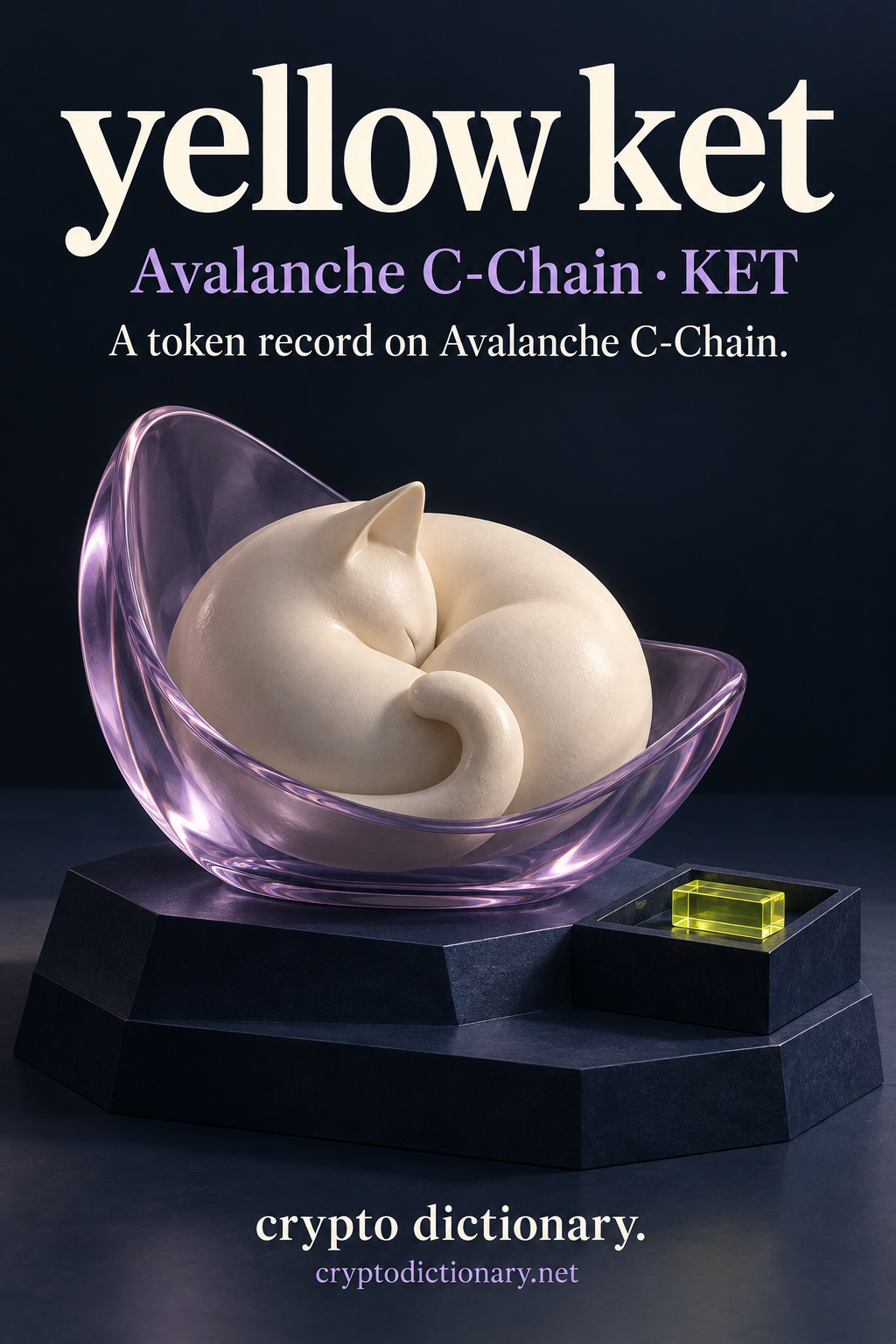 An original ivory sleeping cat curled in a lilac glass cradle beside a navy tray with lime locator, labelled yellow ket, Avalanche C-Chain and KET.
