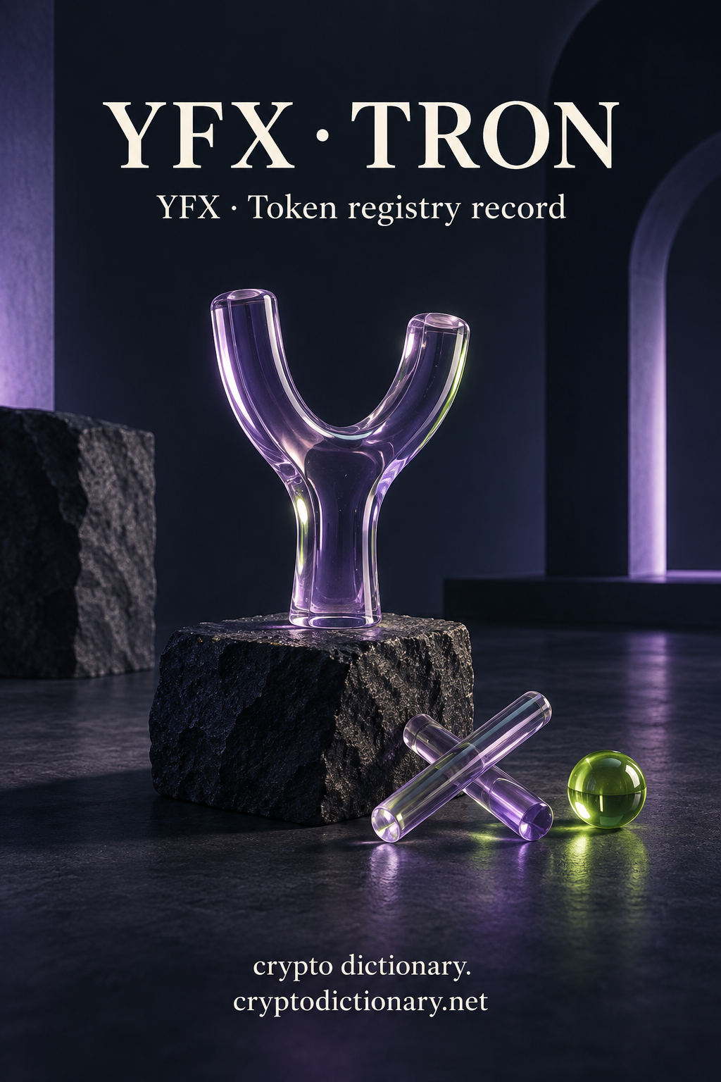 YFX on TRON illustrated by an original lilac glass fork and crossed blank bars on dark stone, with neutral YFX registry caption.