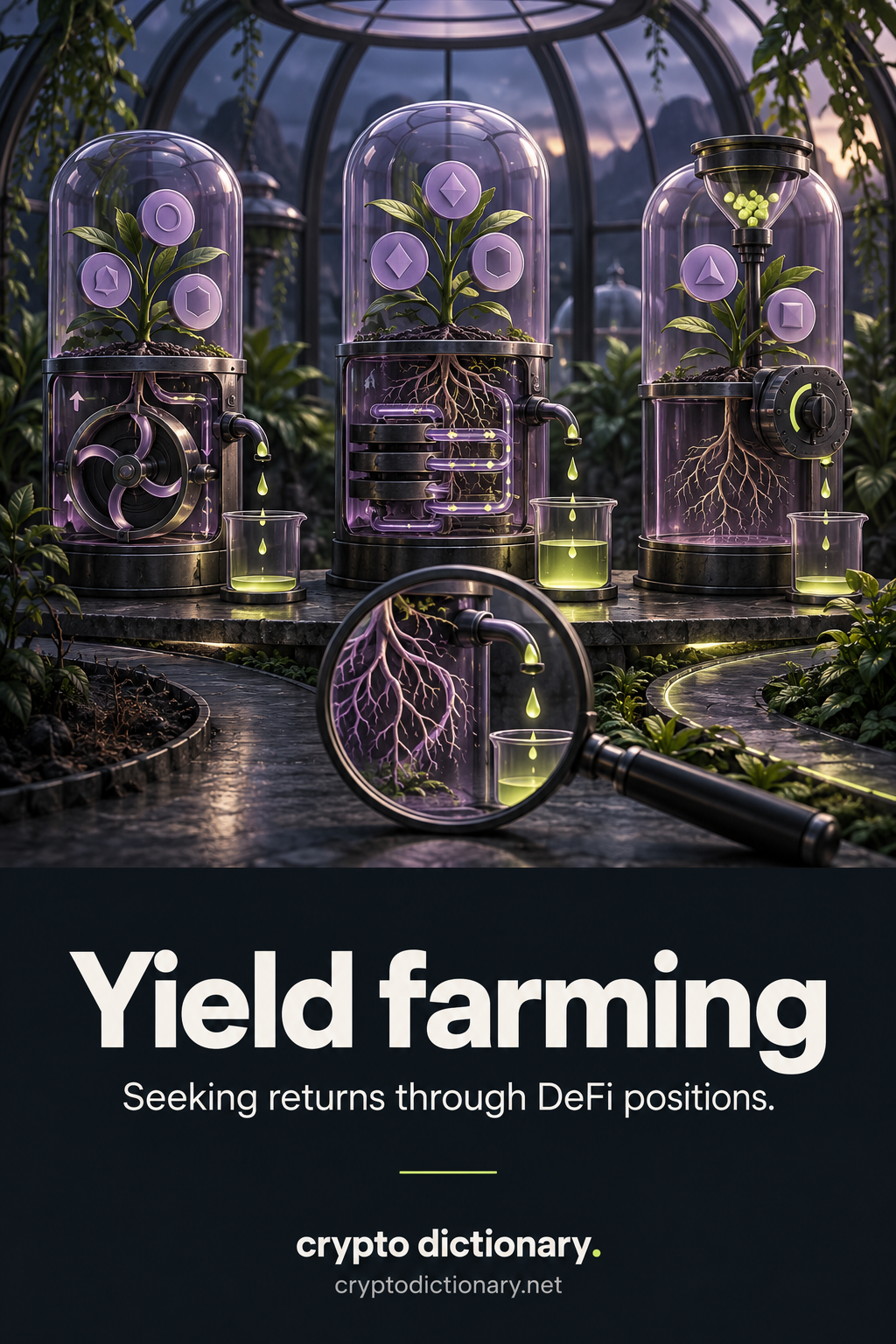 A crypto greenhouse with three different glass position planters, protocol mechanisms, variable reward cups and a comparison lens.