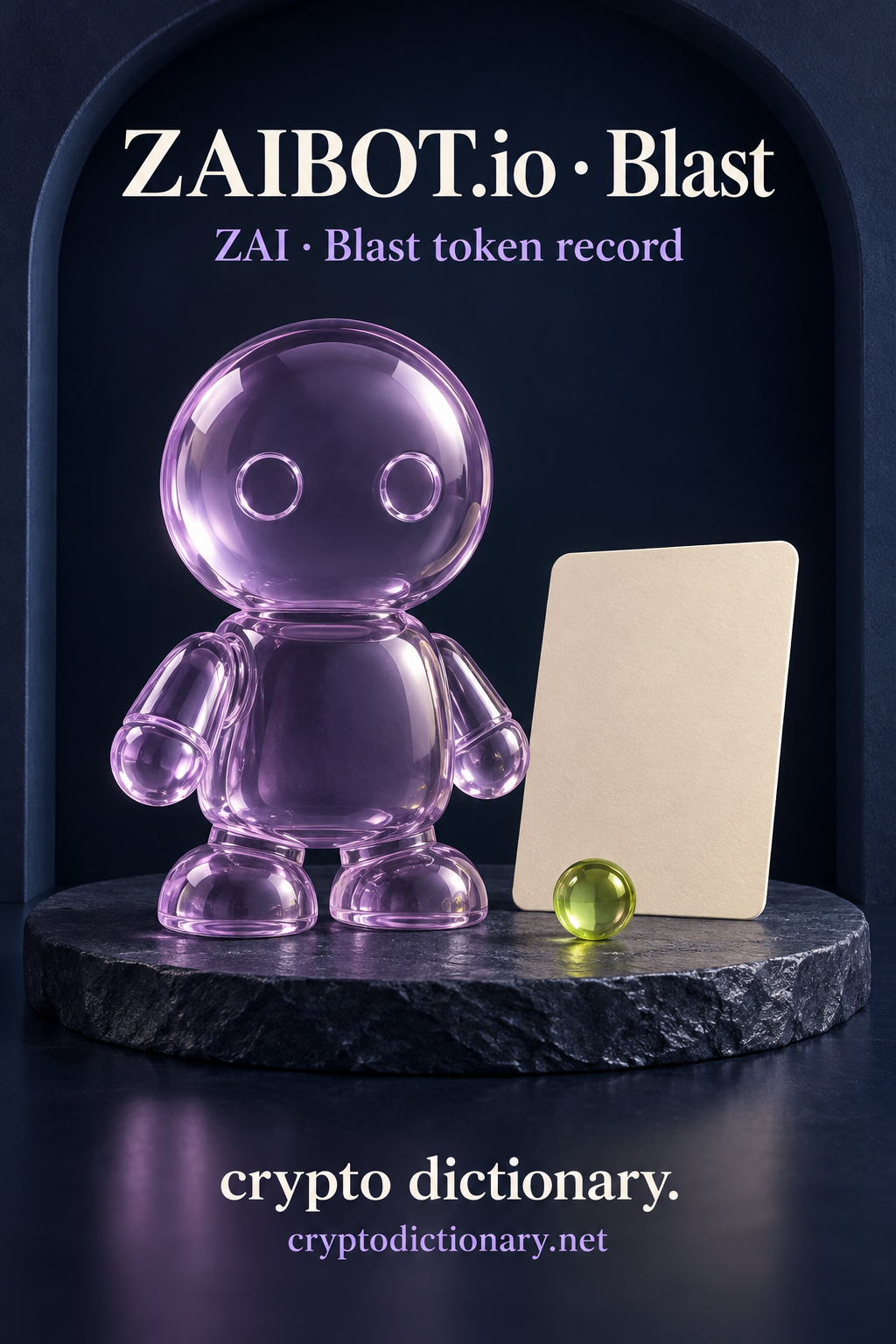 ZAIBOT.io · Blast above a plain lilac glass toy bot, blank cream card and lime sphere on navy stone.