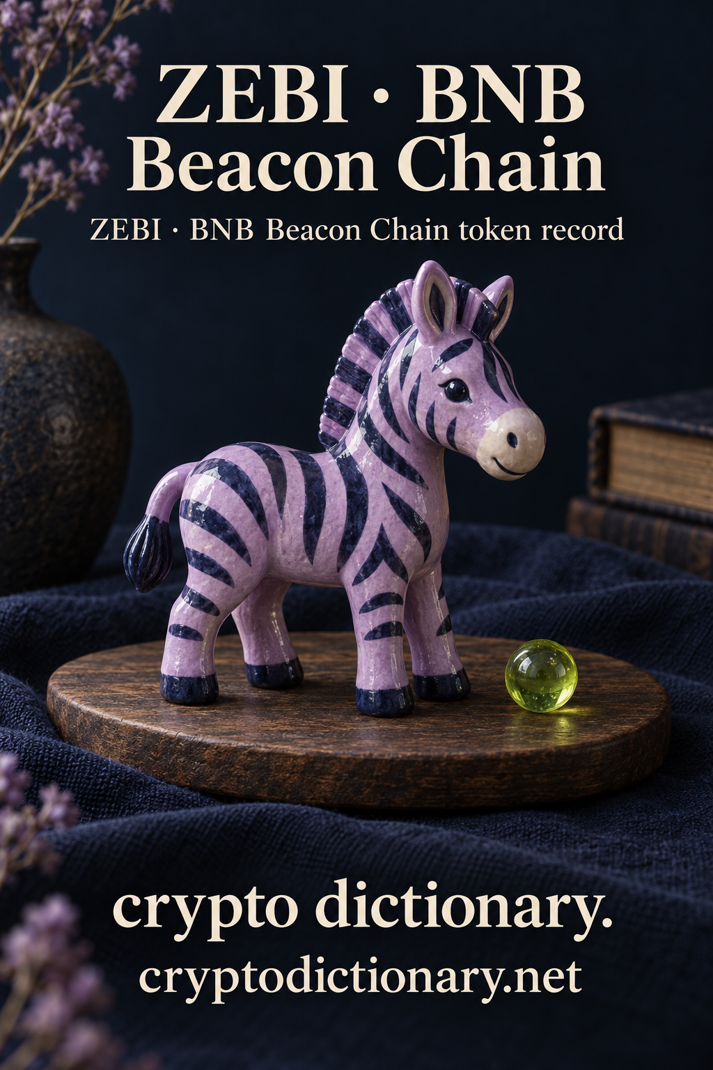 Lilac and navy ceramic zebra on wooden board for ZEBI on BNB Beacon Chain with registry caption.