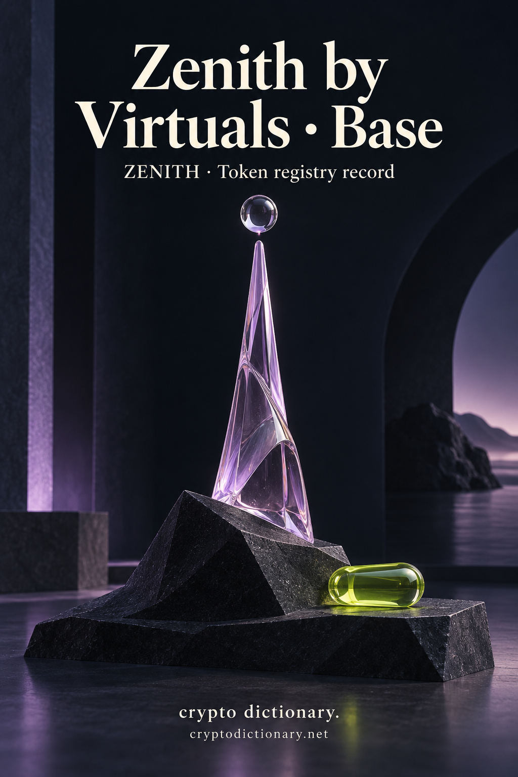 Lilac glass pinnacle and clear sphere above a dark ridge beneath Zenith by Virtuals · Base.