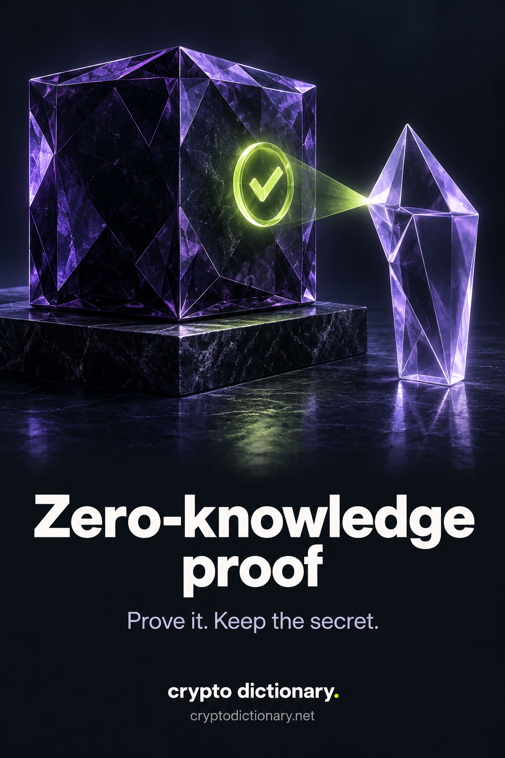 Zero-knowledge proof: An opaque sealed vault exposes a lime verification mark to an external verifier while concealing its contents; accurate proof and privacy metaphor. Text: Prove it. Keep the secret.