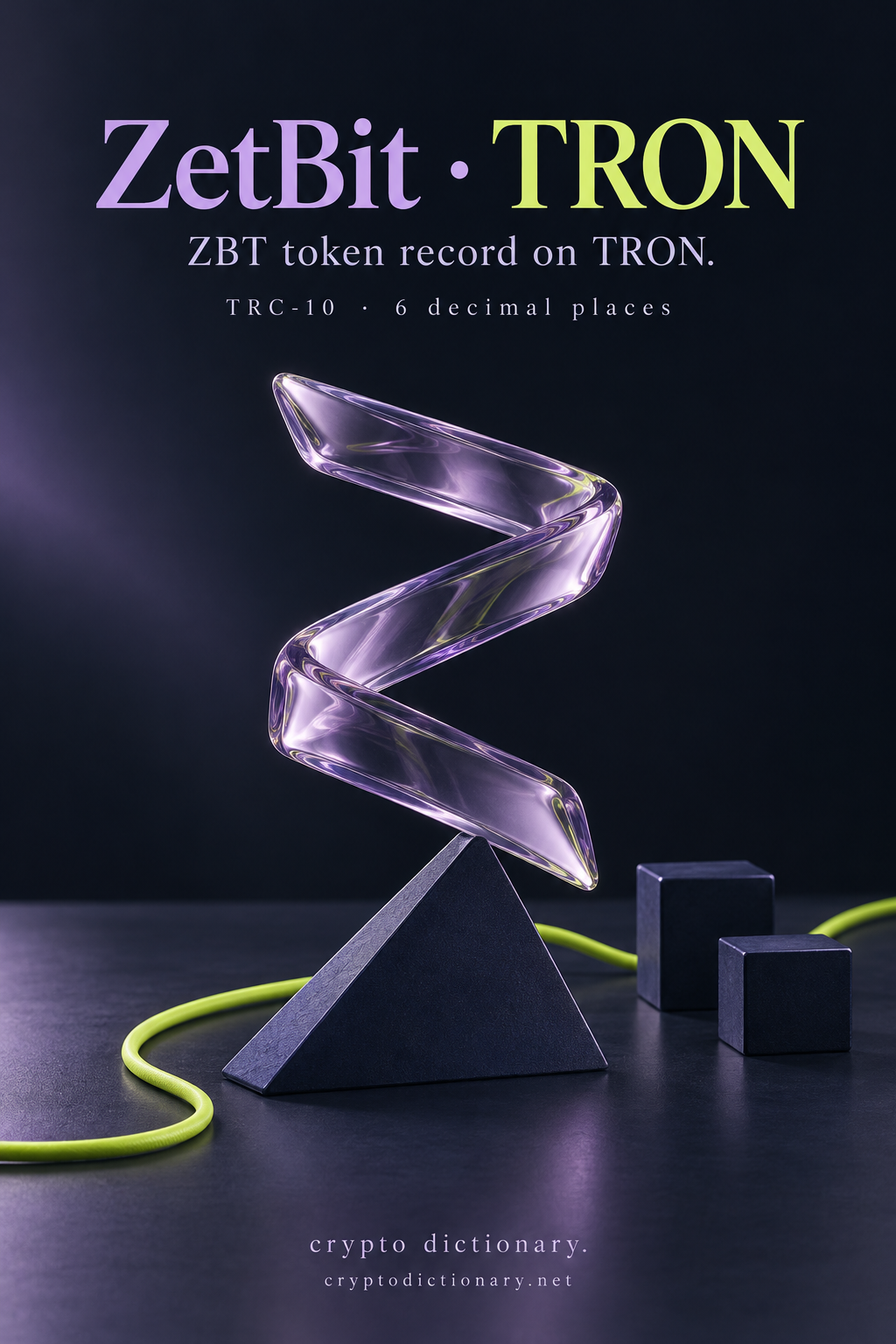 ZetBit on TRON registry art with a lilac zigzag ribbon on a triangular plinth.