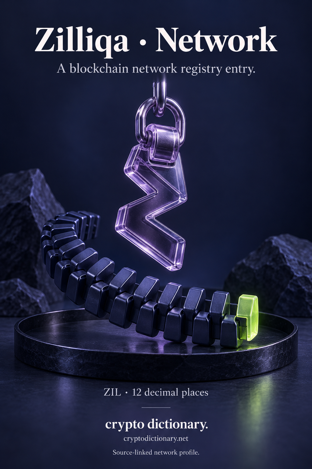 A glass zigzag zipper sculpture illustrating the Zilliqa network registry entry, with ZIL and 12 decimal places.