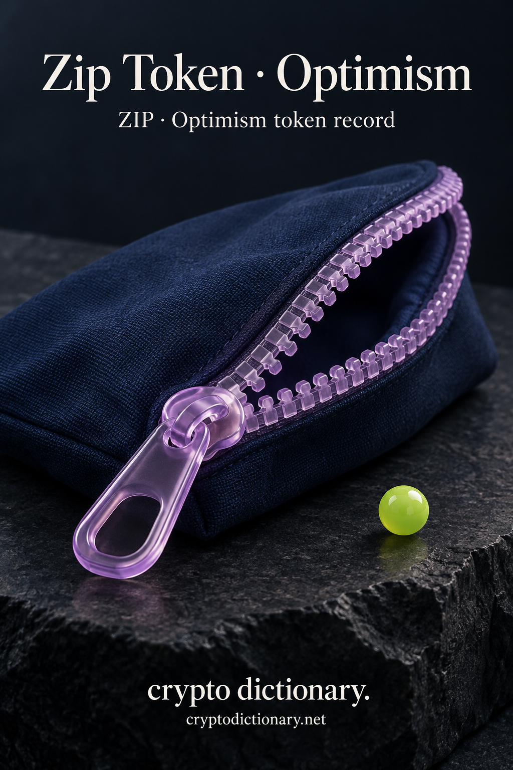 Lilac sculptural zipper on a partially open navy pouch with lime bead beneath Zip Token · Optimism registry heading.