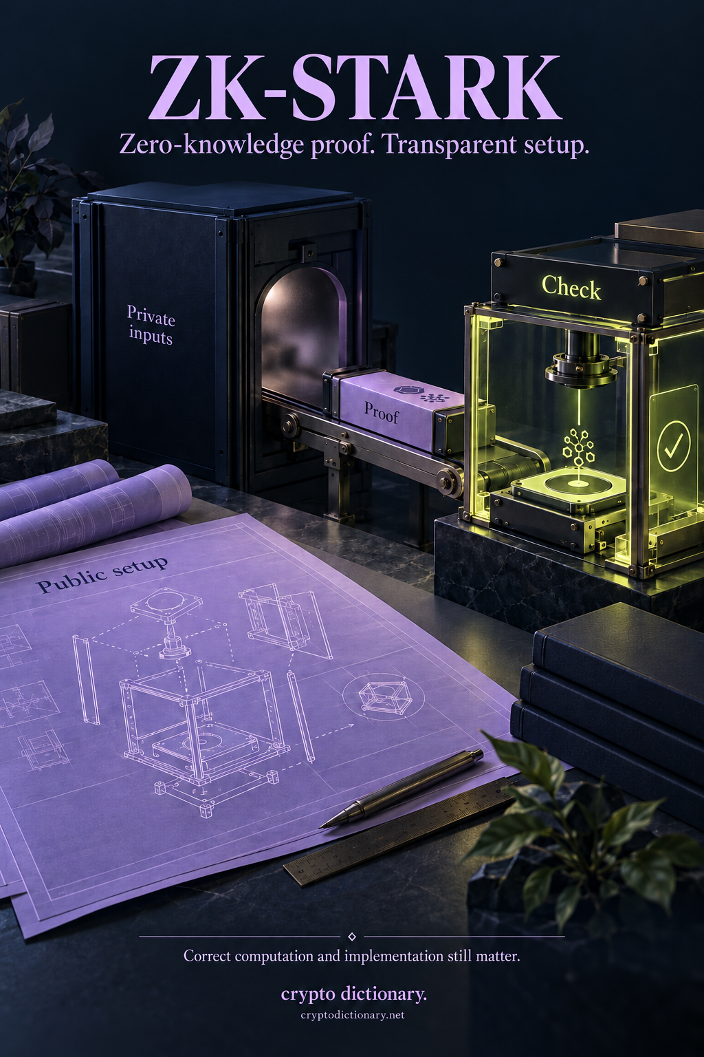 ZK-STARK: a public lilac setup blueprint beside an opaque private-input computation chamber, with a proof cassette reaching an independent lime-lit checker.
