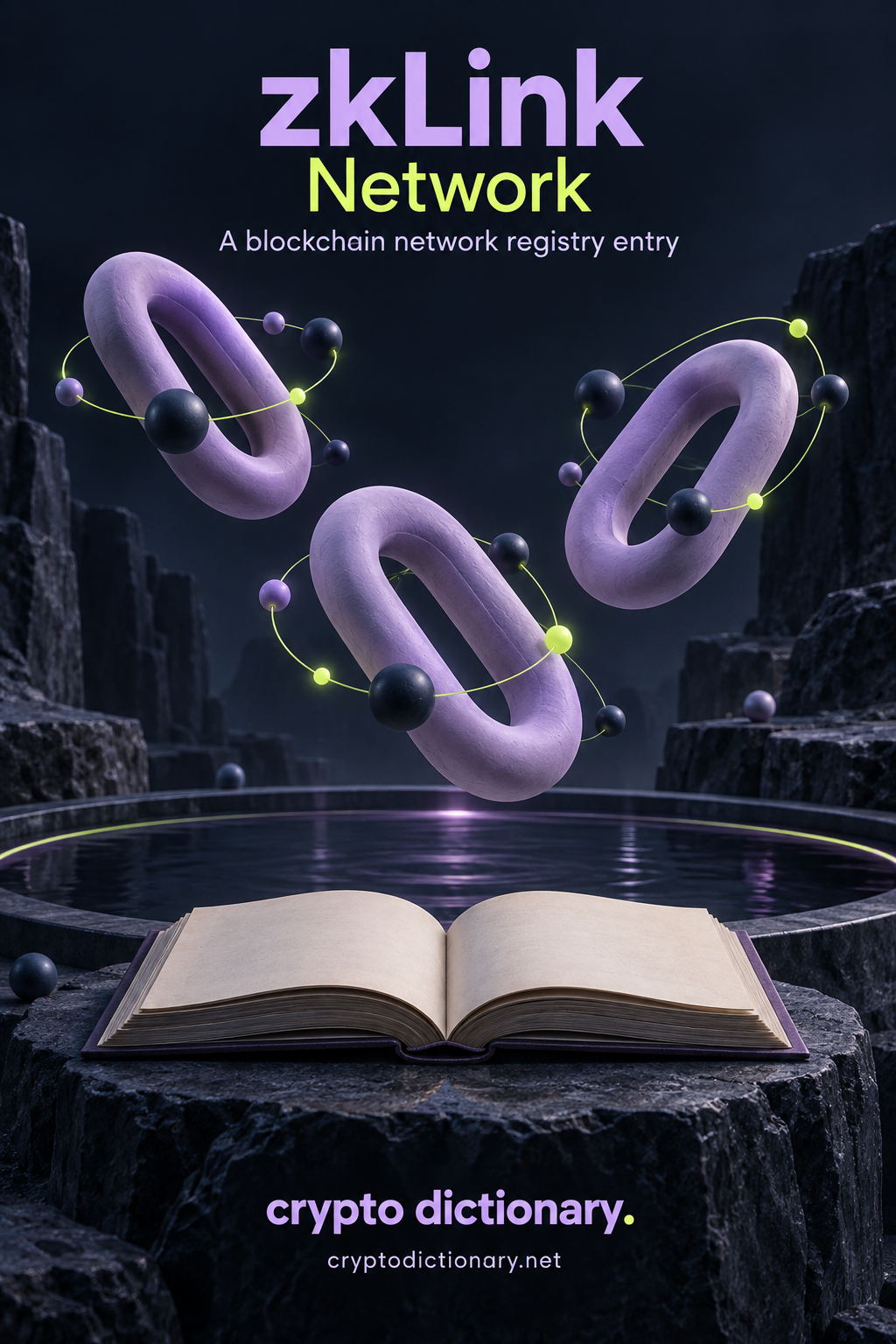 zkLink network registry entry illustrated by floating lilac ceramic links and small spheres connected by lime threads above a blank archival book.