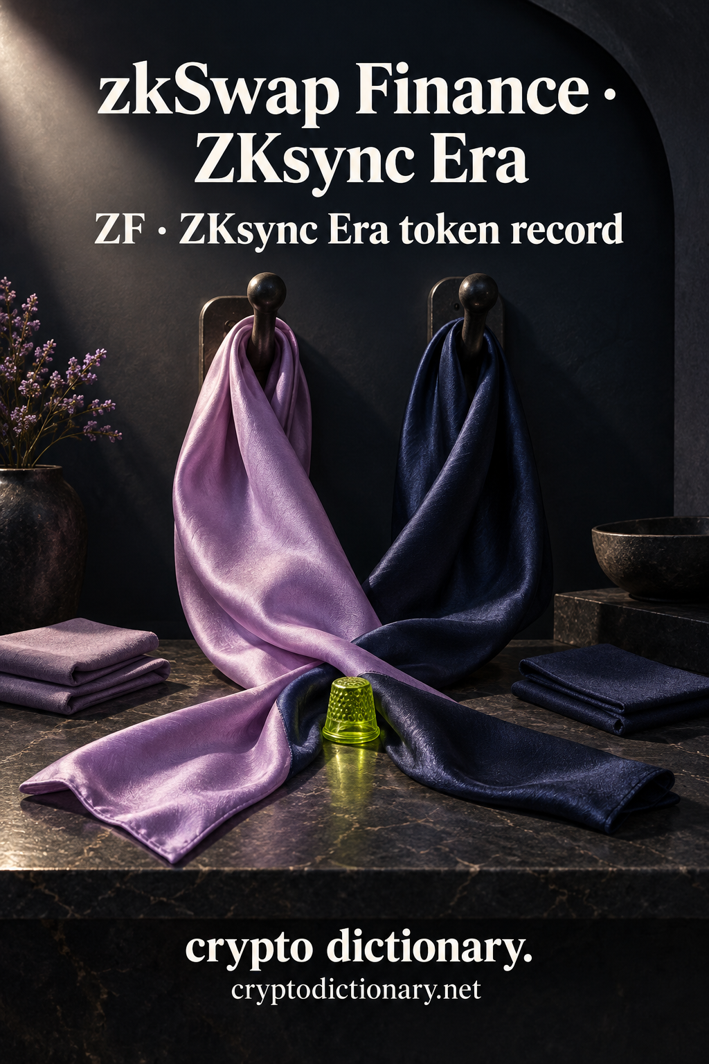 Lilac and navy silk scarves draped from plain dark coat pegs, crossing beside a lime glass thimble; zkSwap Finance · ZKsync Era registry illustration.
