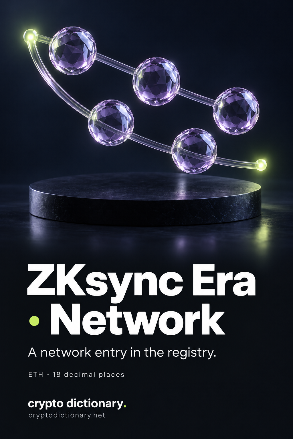 Five lilac faceted glass spheres on two gently curved rails form an abstract network sculpture above the ZKsync Era · Network registry title.