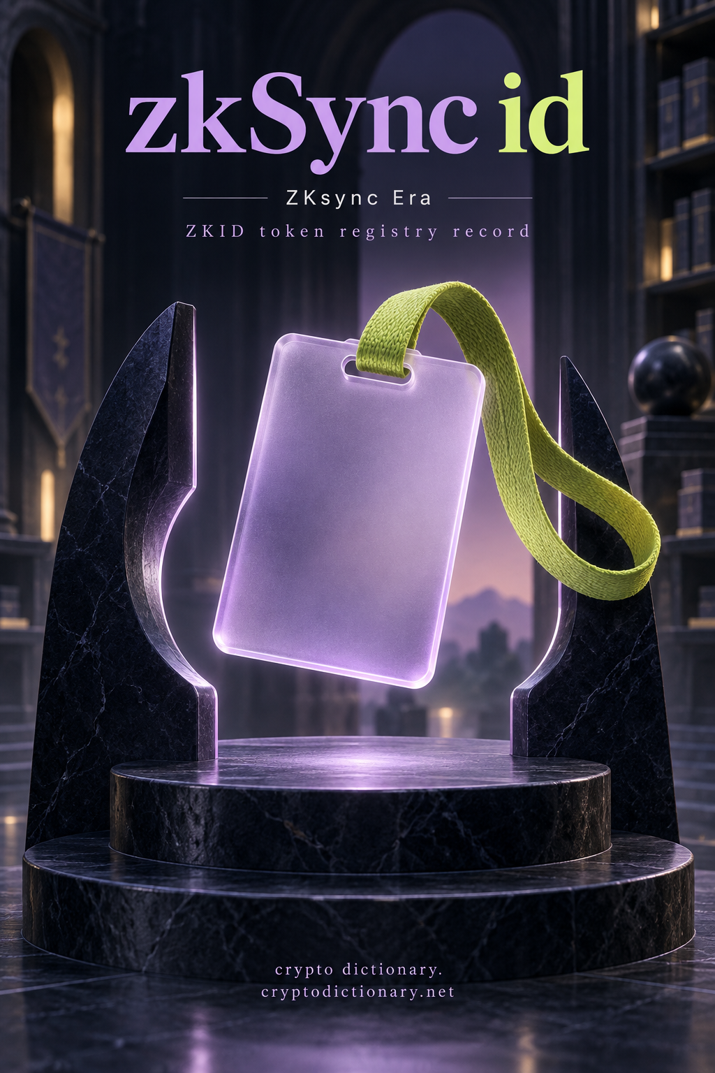 zkSync id on ZKsync Era: a blank lilac frosted registry badge with a lime fabric loop.