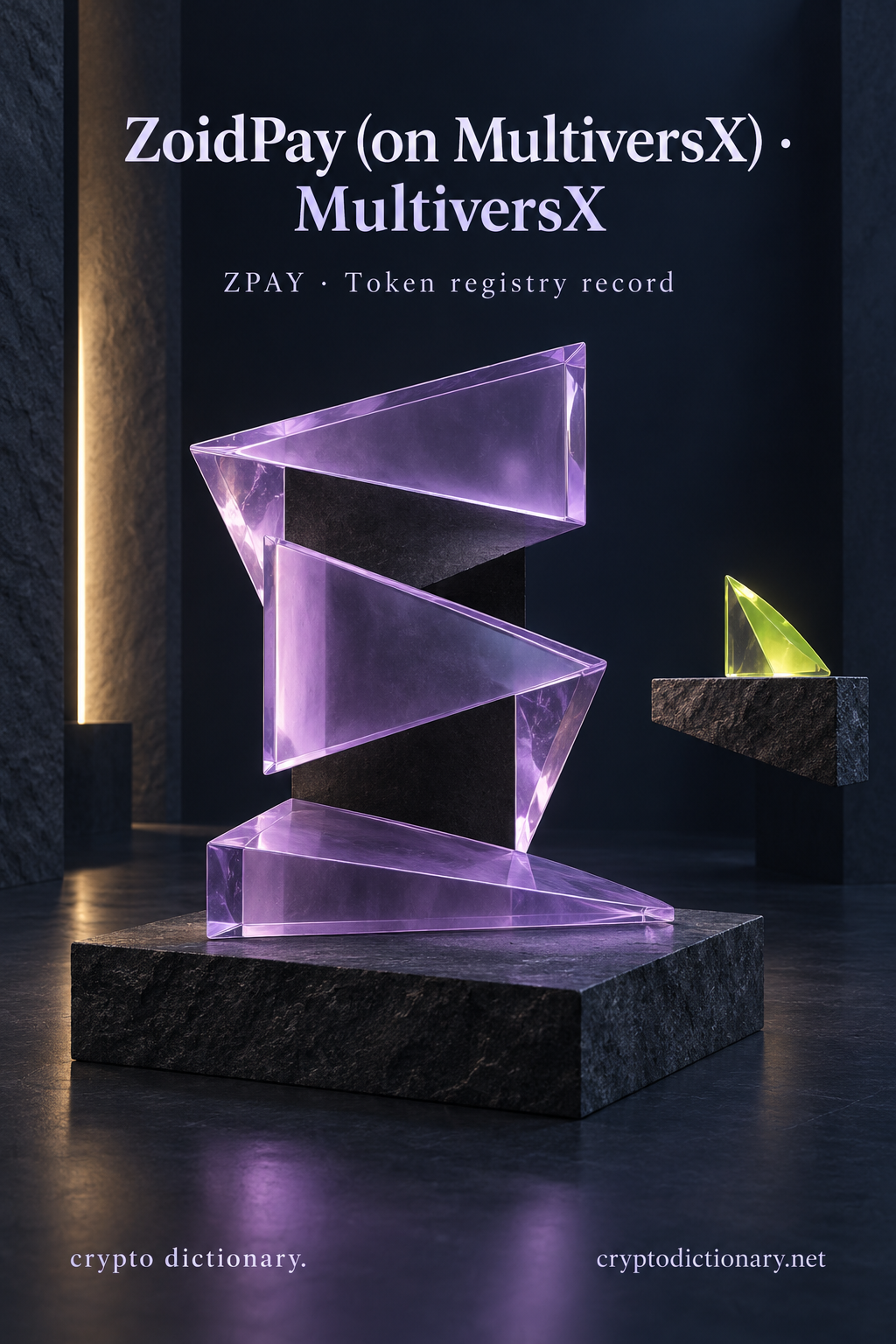 Offset lilac glass zigzag planes and lime wedge beneath ZoidPay (on MultiversX) · MultiversX.